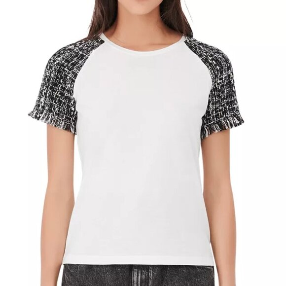 Maje Tiacou Tweed Sleeve Tee White and Black Top Size 3 Large - Picture 1 of 11